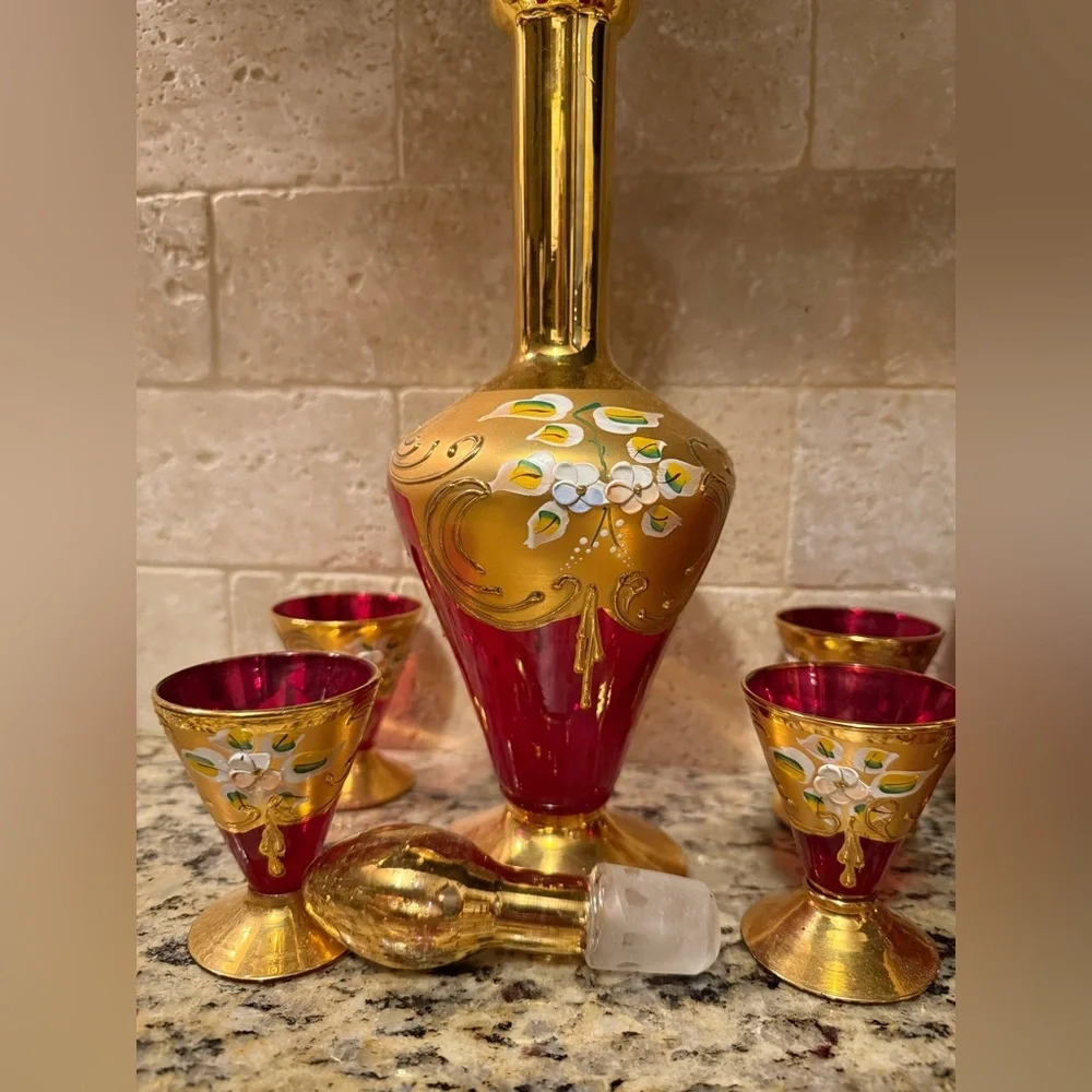 Murano 9 Piece Ruby Red / 24 Karat Signed Set - Tre Fuochi?